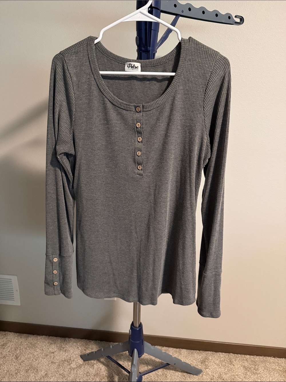 Pulse Gray Ribbed Henley Long Sleeve Top with Button Placket